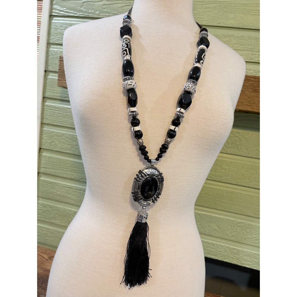 Black White Beaded Statementโ Necklace Silver Tone Tassel Pendant Tribal Boho